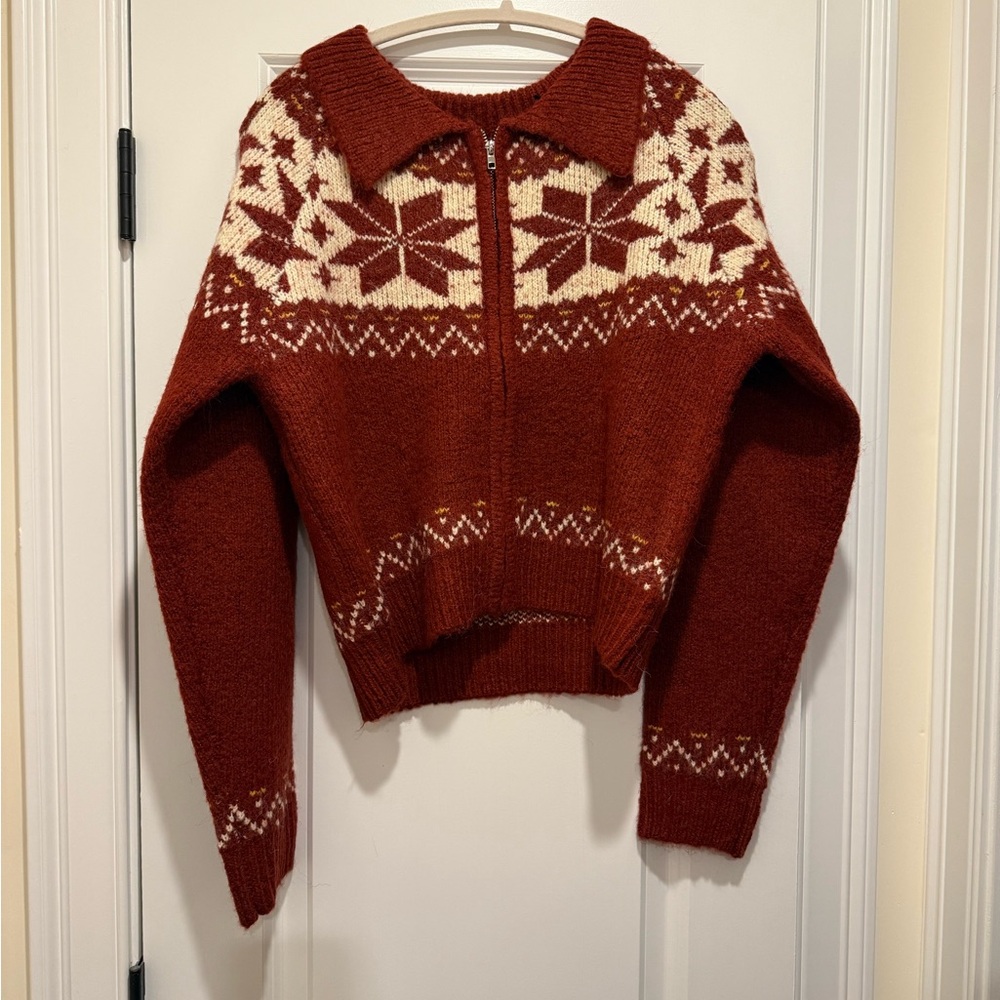 Lulu's Adorable Red and Cream Patterned Cardigan, Size L NWT